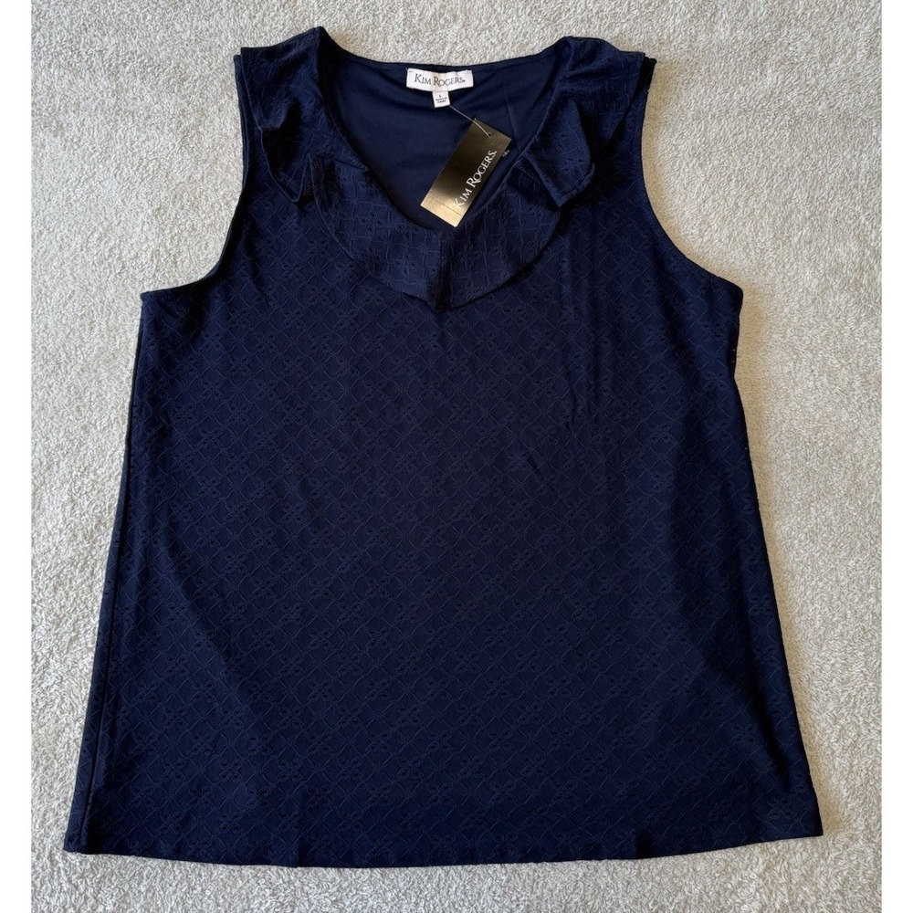 NWT Kim Rogers Navy Blue Ruffle Neck‎ Sleeveless Top Womens Size L